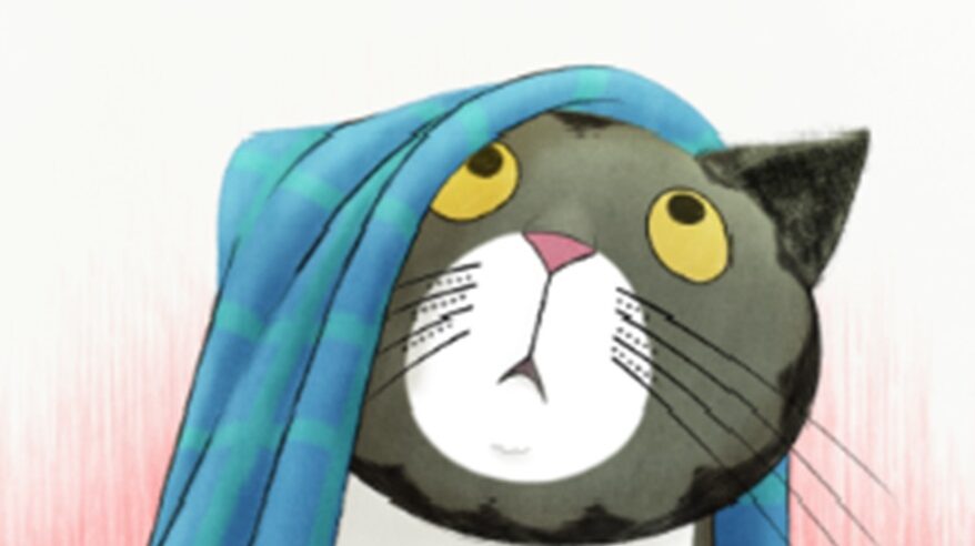 Animated drawing of Mog, a grey cat with yellow eyes and a blue blanket on head
